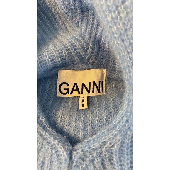 Ganni Callahan Alpaca and Wool Ribbed Knit Hooded Blue Pullover Sweater - Picture 4 of 9